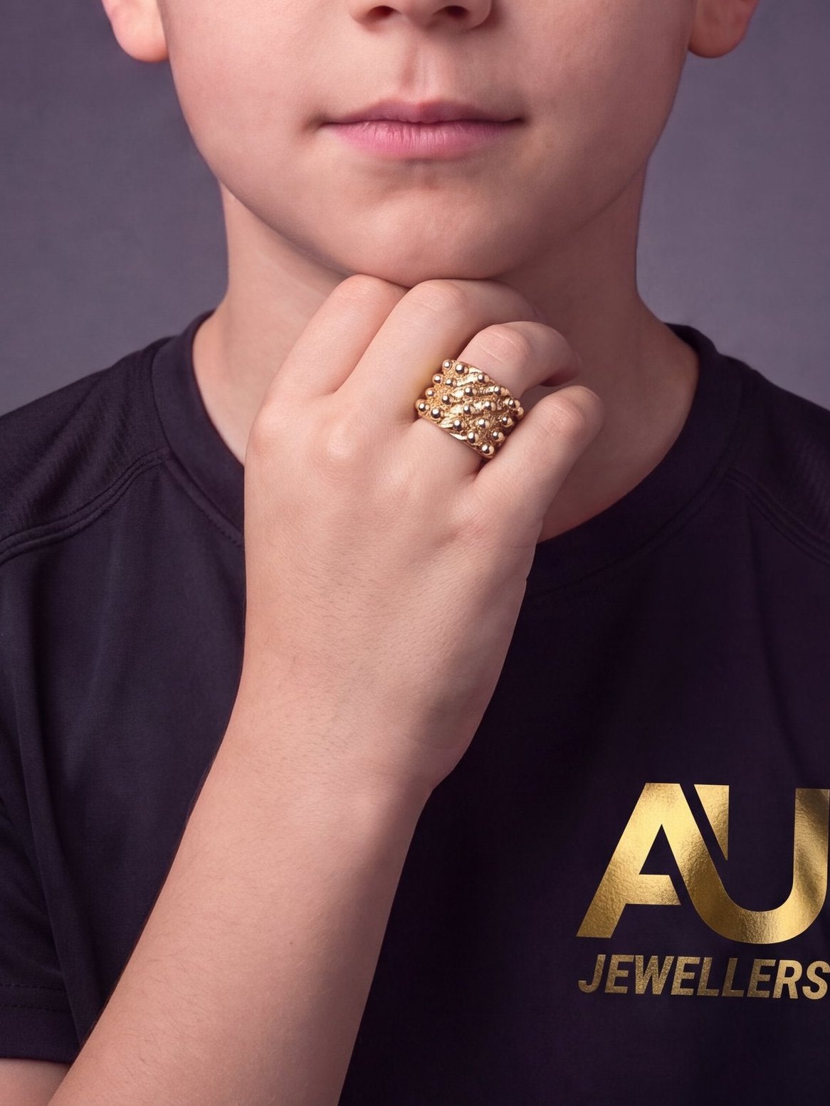 Kids 9ct Gold Filled Huge 4 Row Keeper Ring worn on model, close-up