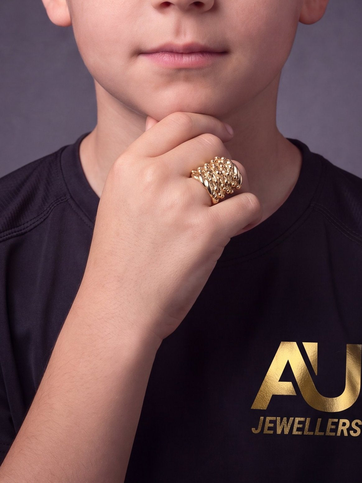Kids 9ct Gold Filled Huge 5 Row Keeper Ring worn on model, close-up