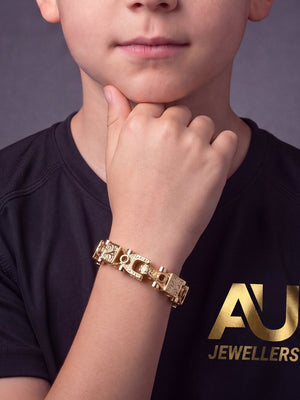 Kids 9ct Gold Filled Lego Bracelet 13mm worn on model, close-up