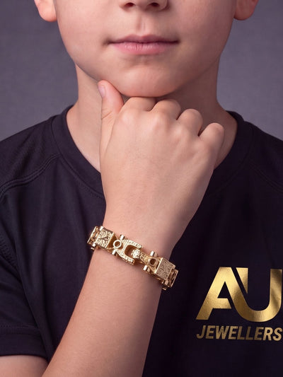 Kids 9ct Gold Filled Lego Bracelet 13mm worn on model, close-up