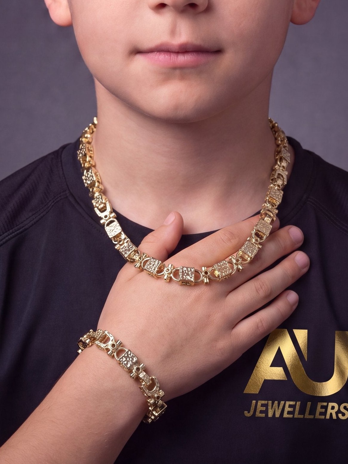 Kids 9ct Gold Filled Lego Set 13mm worn on model, close-up