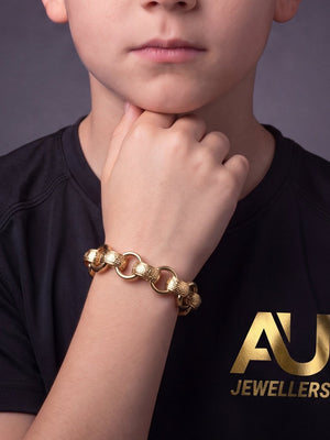 Kids 9ct Gold Filled Patterned Belcher Bracelet 15mm worn on model, close-up