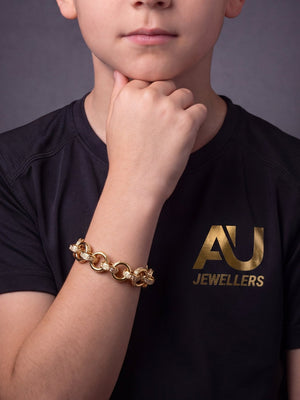 Kids 9ct Gold Filled Patterned & Diamond Belcher Bracelet 14mm worn on model, close-up