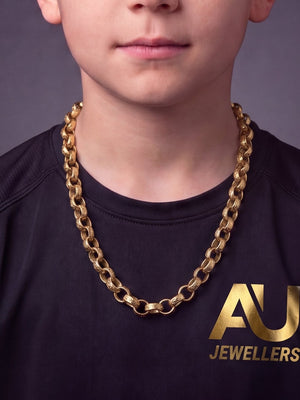 Kids 9ct Gold Filled Patterned Oval Belcher Chain 13mm worn on model, close-up
