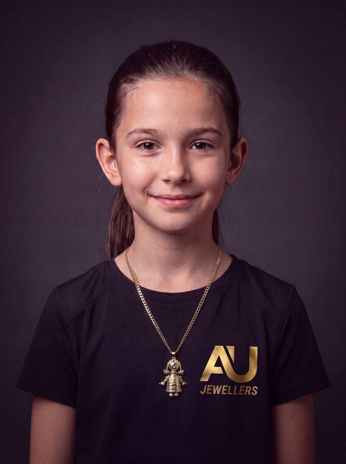 Kids Gold Filled RagDoll Pendant On 4mm Curb Chain worn on model