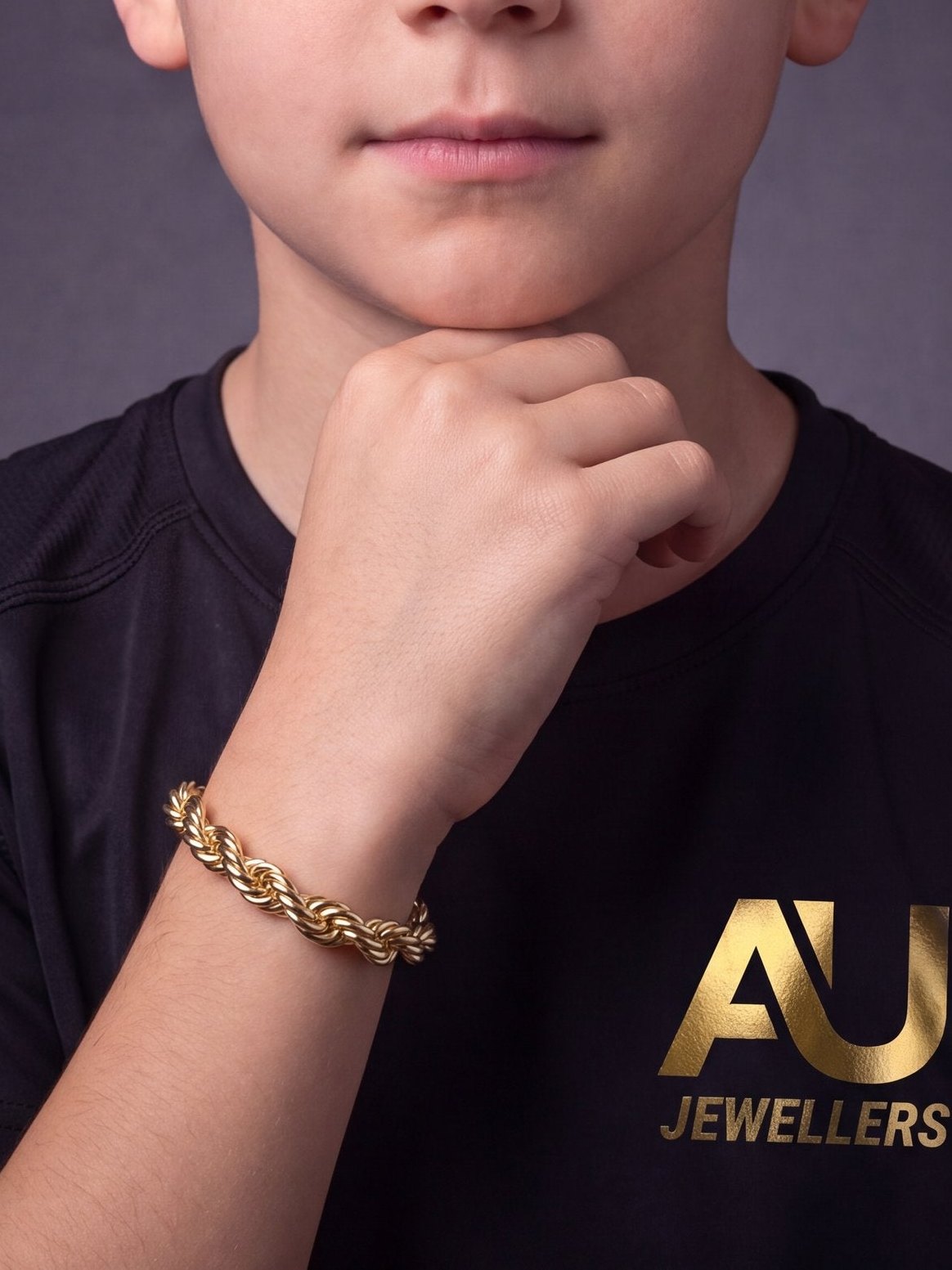 Kids 9ct Gold Filled Rope Bracelet 12mm worn on model, close-up