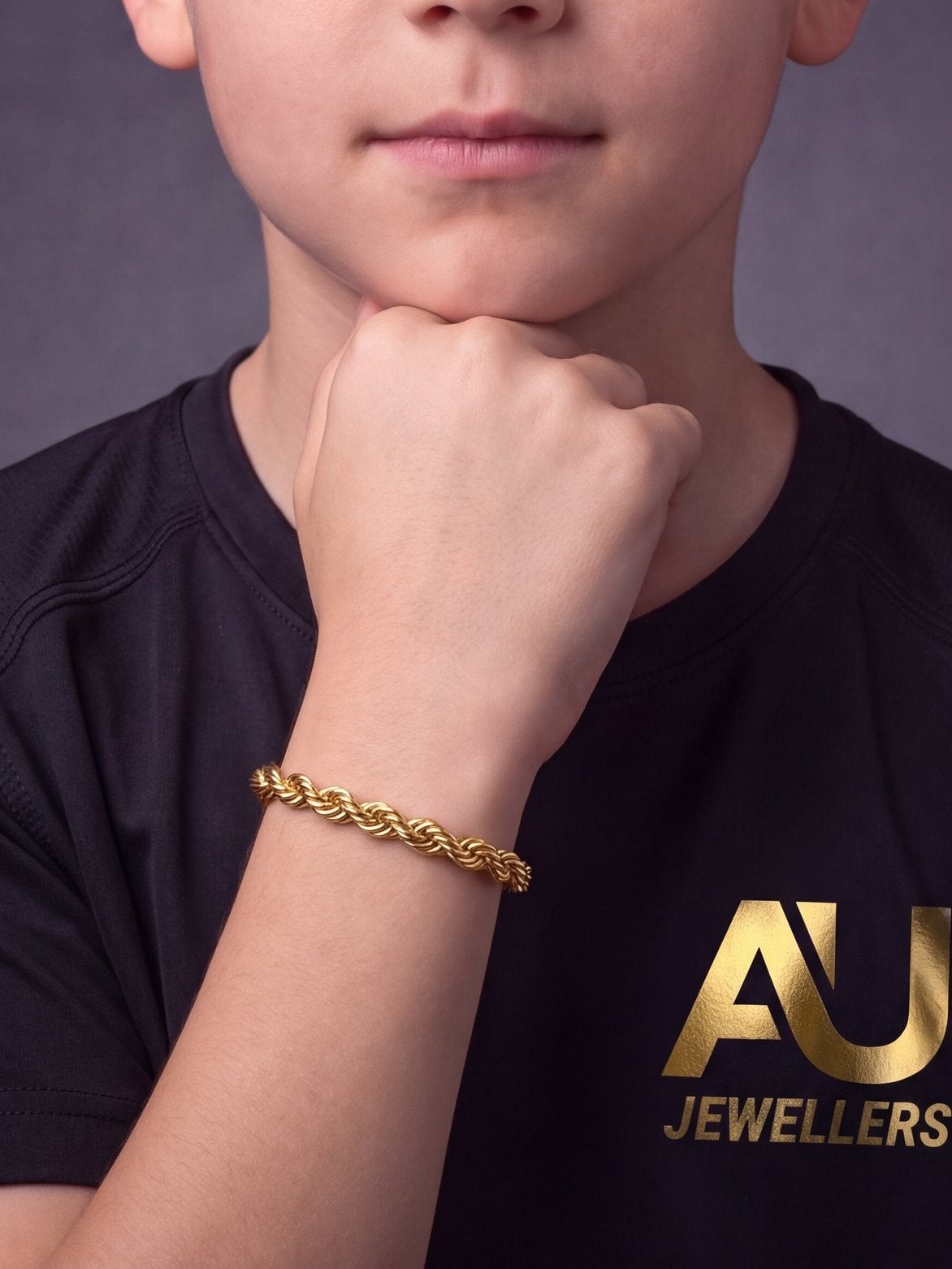 Kids 9ct Gold Filled Rope Bracelet 8mm worn on model, close-up