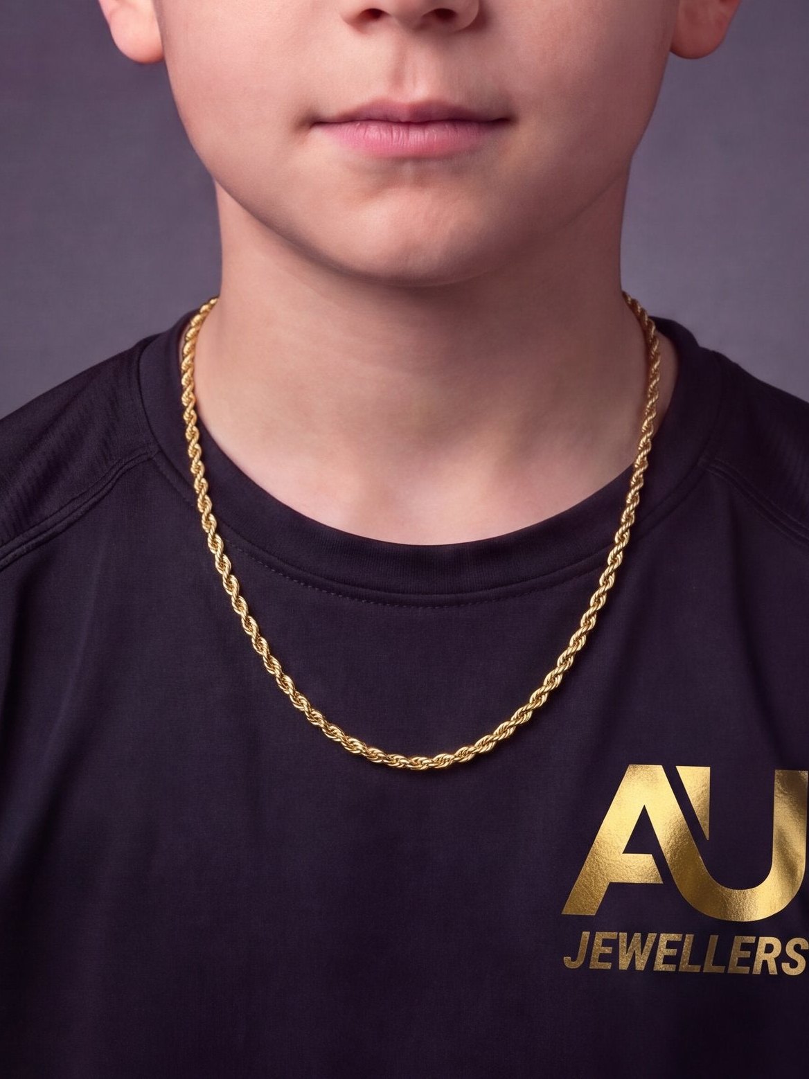 Kids 9ct Gold Filled Rope Chain 3mm worn on model, close-up