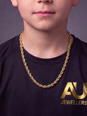 Kids 9ct Gold Filled Rope Chain 6mm worn on model, close-up