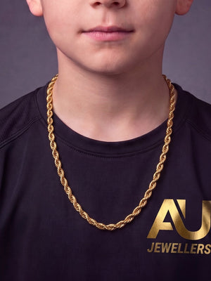 Kids 9ct Gold Filled Rope Chain 8mm worn on model, close-up