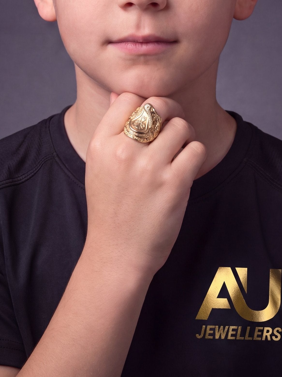 Kids 9ct Gold Filled Saddle Ring worn on model, close-up