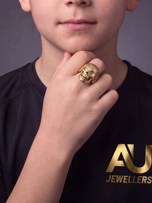 Kids 9ct Gold Filled Skull Ring worn on model, close-up