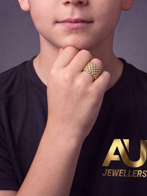 Kids 9ct Gold Filled Small 5 Row Keeper Ring worn on model, close-up