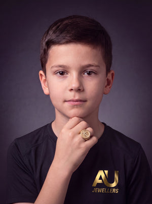 Kids 9ct Gold Filled Full Sovereign Ring worn on model