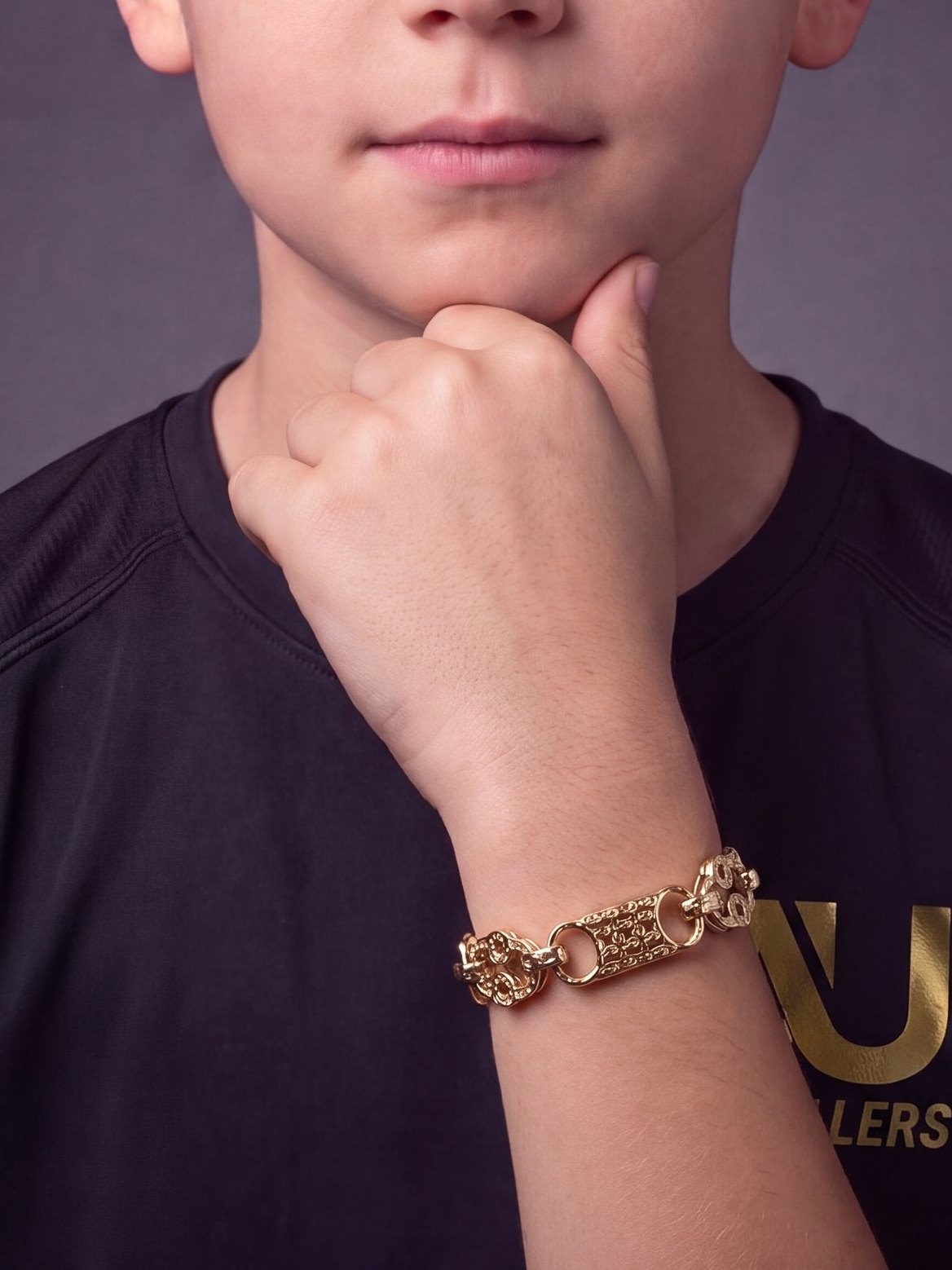 Kids 9ct Gold Filled Stars & Bars Bracelet 10mm worn on model, close-up