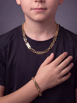 Kids 9ct Gold Filled Stars & Bars Set With T-Bar worn on model, close-up