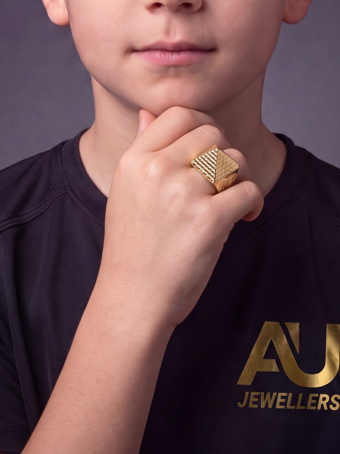 Kids 9ct Gold Filled XL Huge Pyramid Ring worn on model, close-up