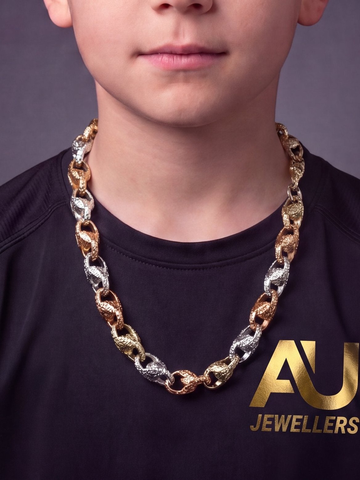 Kids 9ct Tri-Colour Gold Filled Tulip Chain 13mm worn on model, close-up