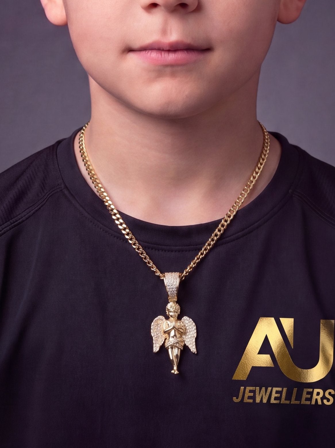 Kids Gold Filled Angel Pendant on 4mm Curb Necklace worn on model, close-up