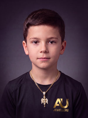 Kids Gold Filled Angel Pendant on 4mm Curb Necklace worn on model