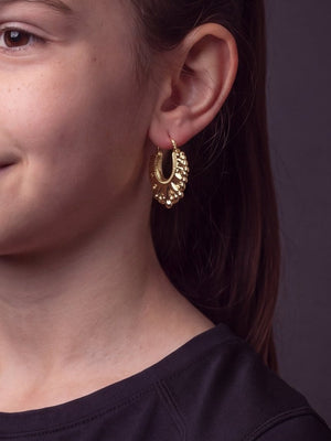 Kids Gold filled Creole Earrings 35mm (Wide) worn on model, close-up