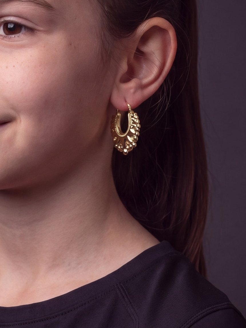 Kids Gold filled Creole Earrings 35mm (Wide) worn on model, close-up