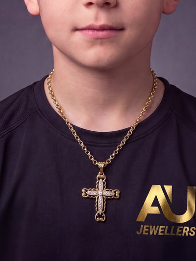 Kids Gold Filled Cross Pendant on 5mm Belcher Chain worn on model, close-up