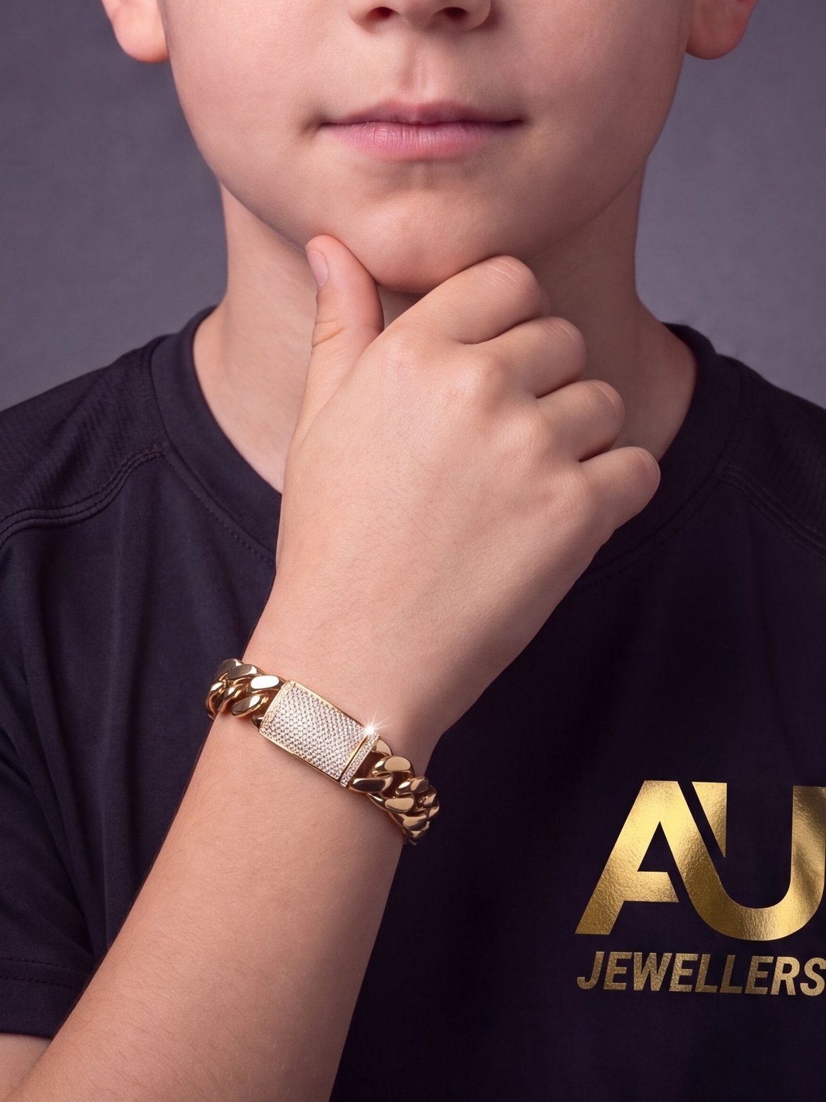 Kids Gold Filled Cuban Bracelet 14mm - Diamond Clasp worn on model, close-up