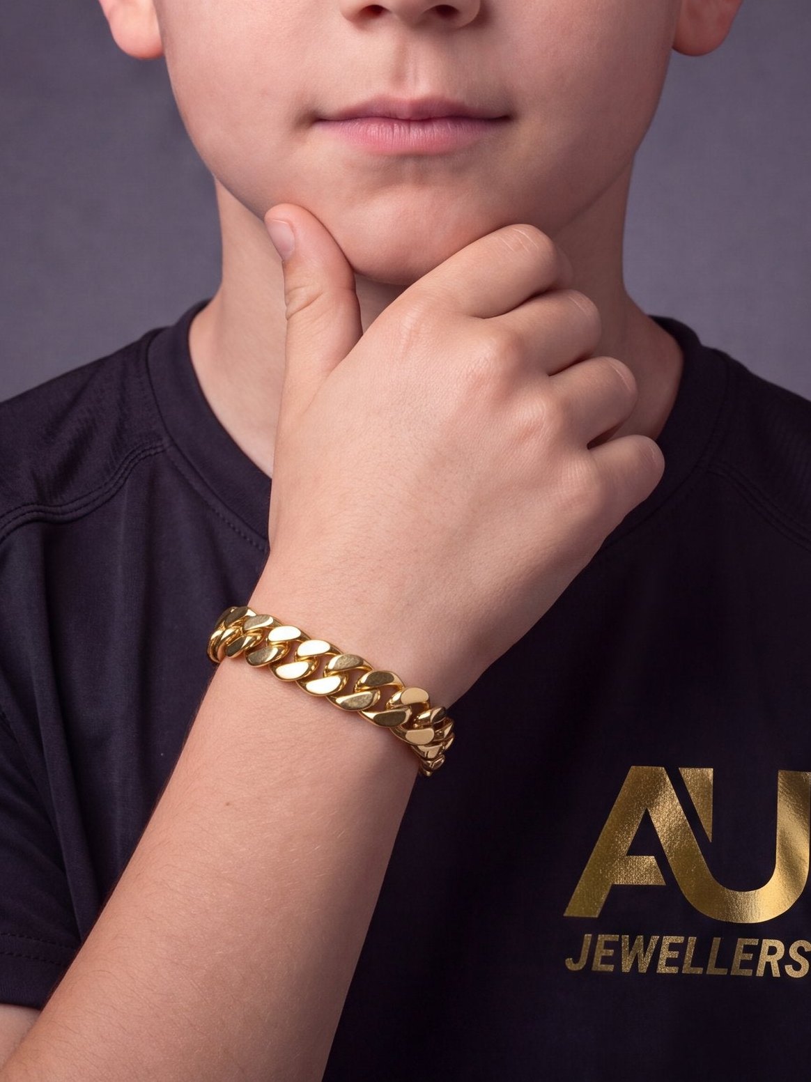 Kids Gold Filled Cuban Bracelet 14mm worn on model, close-up