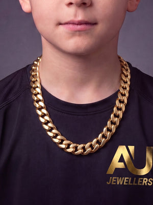 Kids Gold Filled Cuban Chain 11mm worn on model, close-up