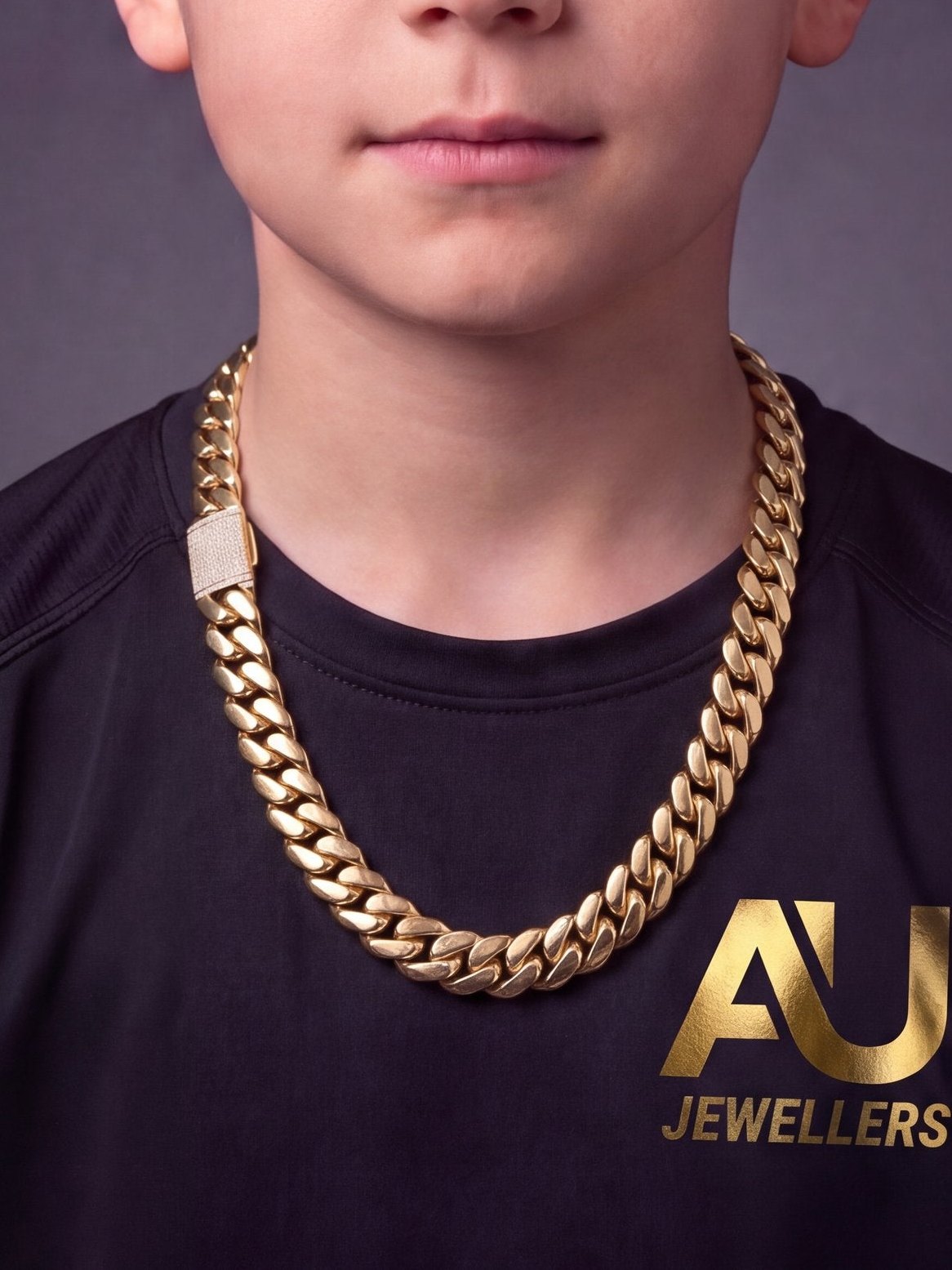 Kids Gold Filled Cuban Chain 14mm - Diamond Clasp worn on model, close-up