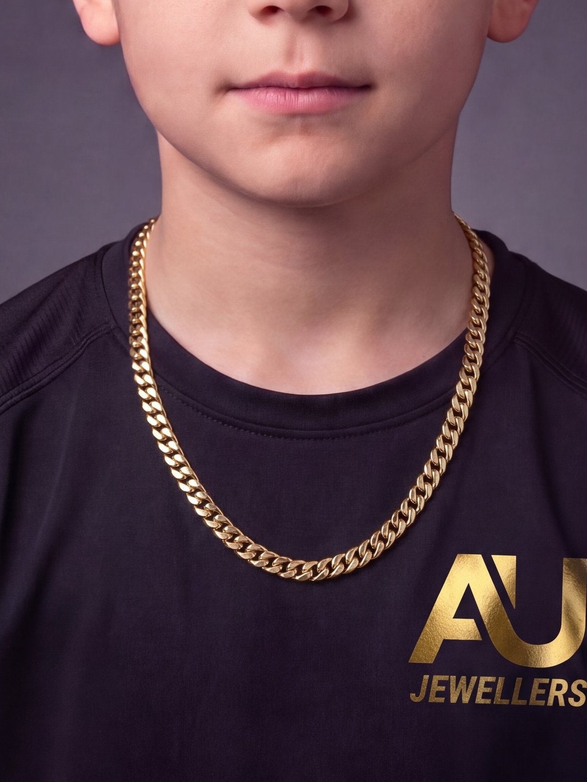 Kids Gold Filled Cuban Chain 14mm worn on model, close-up