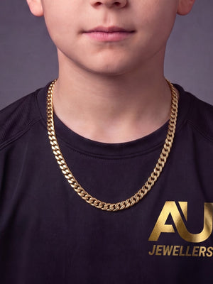 Kids Gold Filled Cuban Chain 14mm worn on model, close-up
