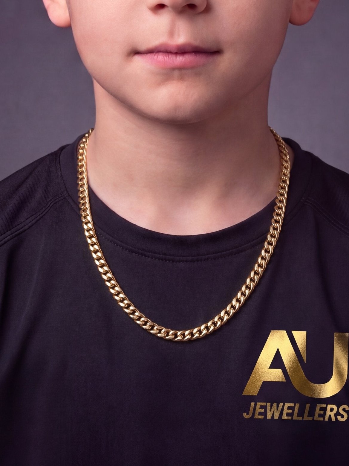 Kids Gold Filled Cuban Chain - 3mm to 11mm worn on model, close-up