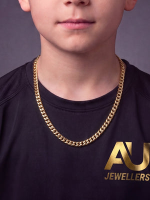 Kids Gold Filled Cuban Chain - 3mm to 11mm worn on model, close-up
