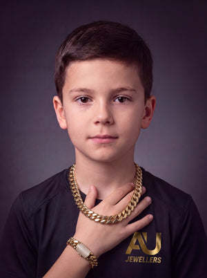 Kids Gold Filled Cuban Set 14mm - Diamond Clasp worn on model