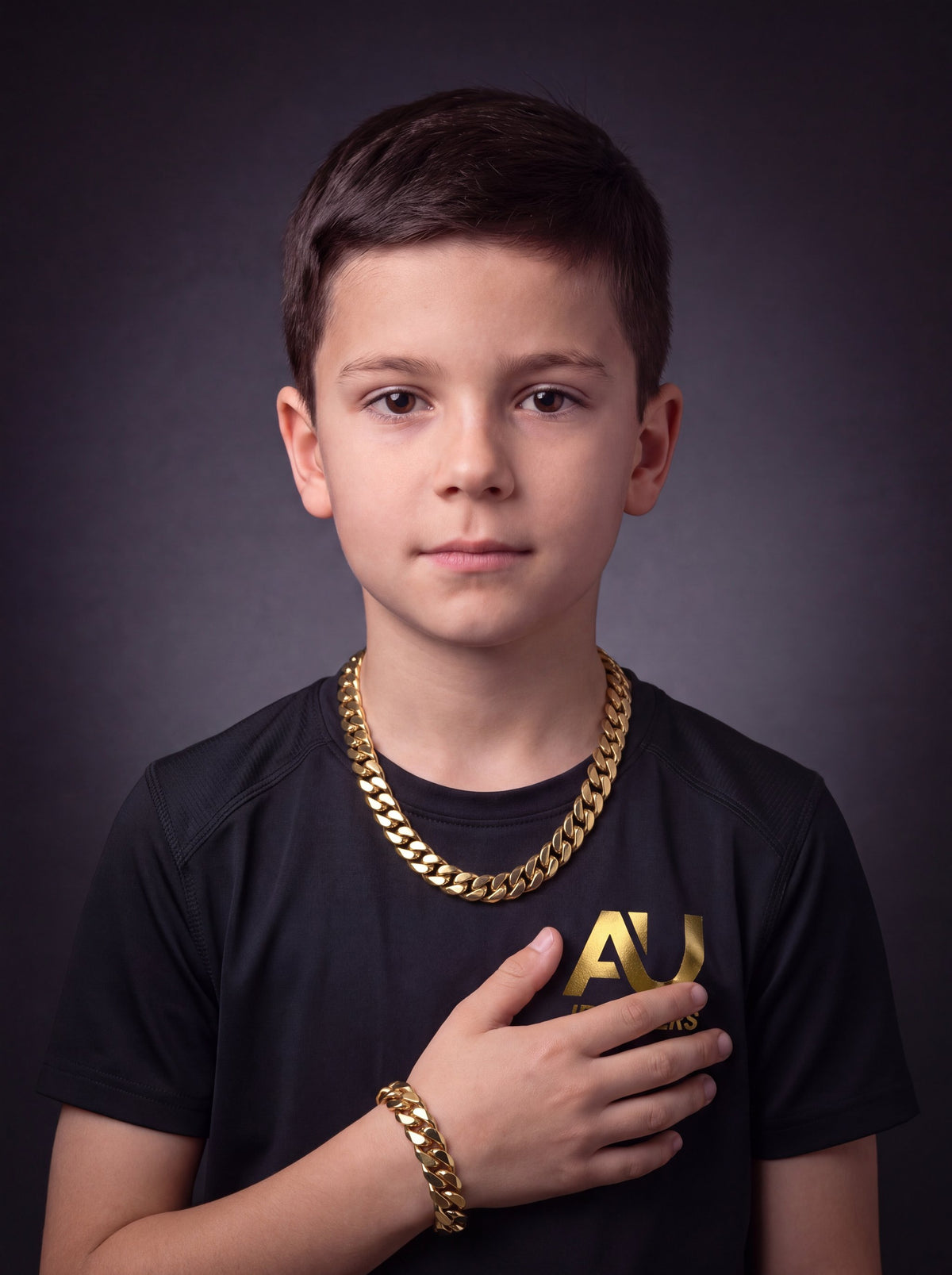 Kids Gold Filled Cuban Set 14mm worn on model