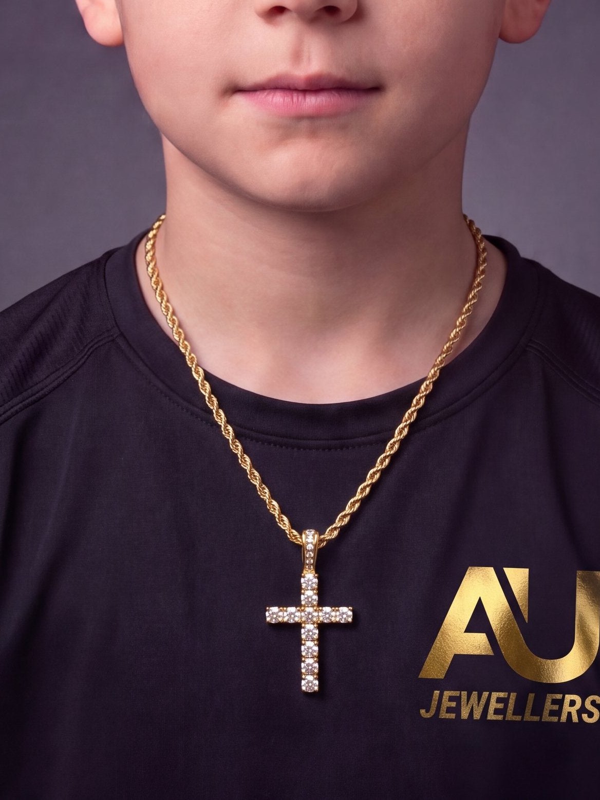 Kids Gold Filled Diamond Cross Pendant on 3mm Rope Chain worn on model, close-up