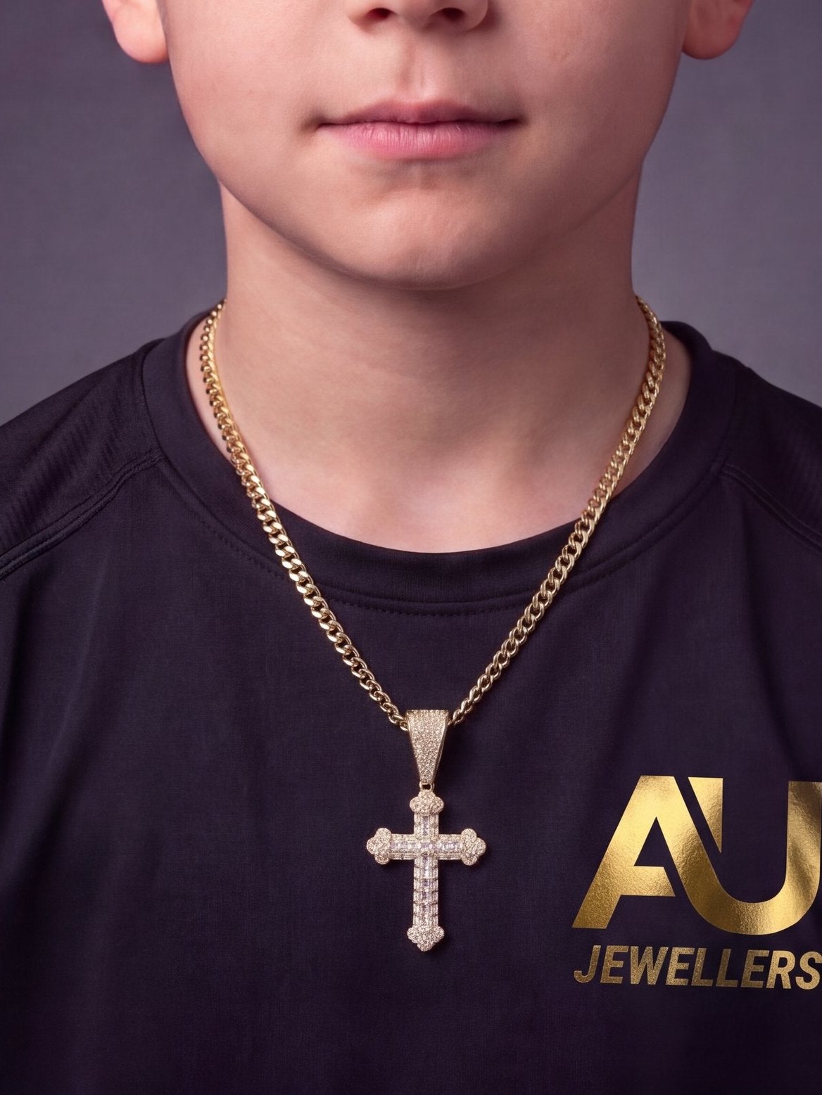 Kids Gold Filled Diamond Cross Pendant on 4mm Curb Necklace worn on model, close-up