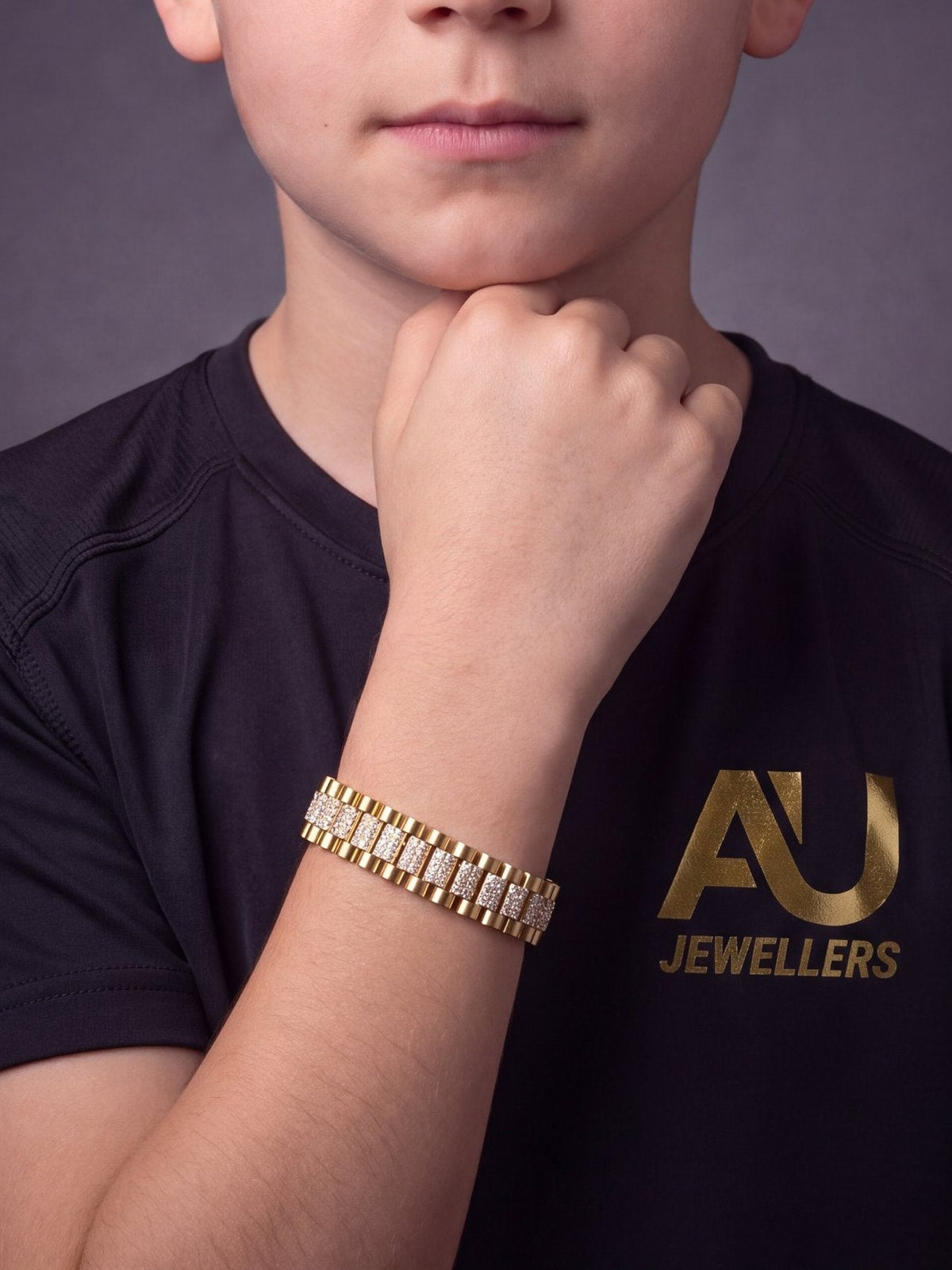 Kids Gold Filled Diamond Presidential Bracelet 10mm Multi-colour worn on model, close-up