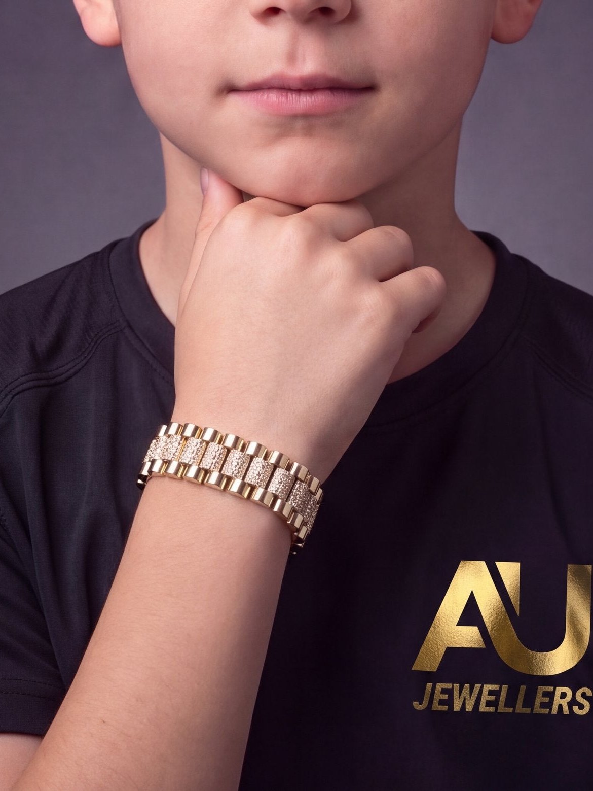 Kids Gold Filled Diamond Presidential Bracelet 15mm worn on model, close-up