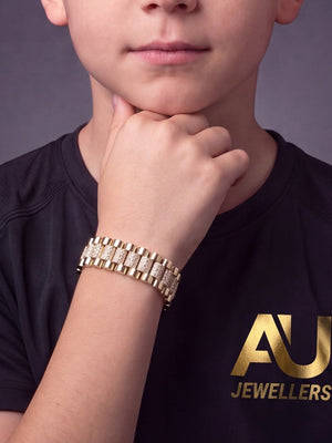 Kids Gold Filled Diamond Presidential Bracelet 15mm worn on model, close-up