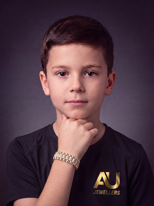 Kids Gold Filled Diamond Presidential Bracelet 15mm worn on model