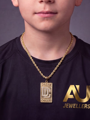 Kids Gold Filled DreamChaser Pendant On A 6mm Rope Chain worn on model, close-up