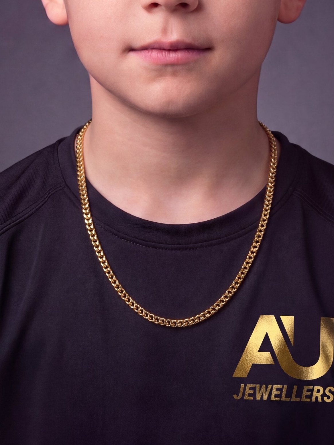 Kids Gold Filled Franco Chain 4mm worn on model, close-up