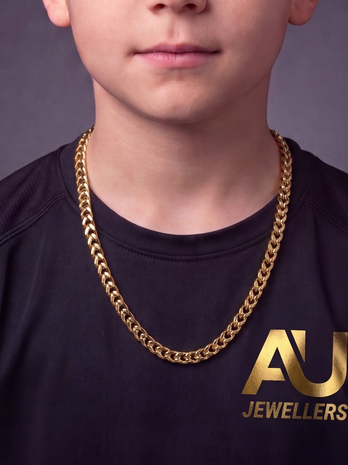 Kids Gold Filled Franco Chain 6mm worn on model, close-up