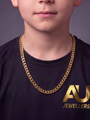 Kids Gold Filled Franco Chain 6mm worn on model, close-up