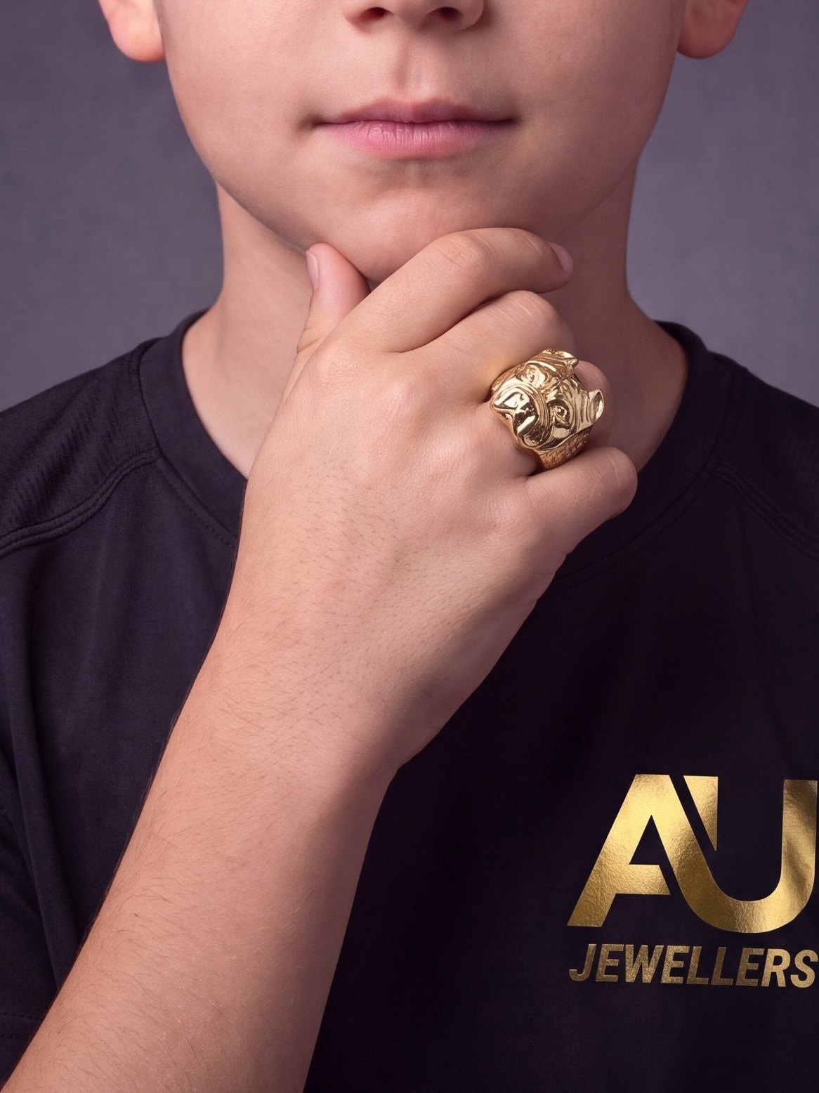Kids Gold Filled Pitbull Ring worn on model, close-up