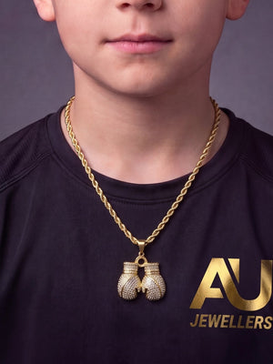 Kids Gold Filled Stone-Set Boxing Gloves Pendant On A 6mm Rope Chain worn on model, close-up