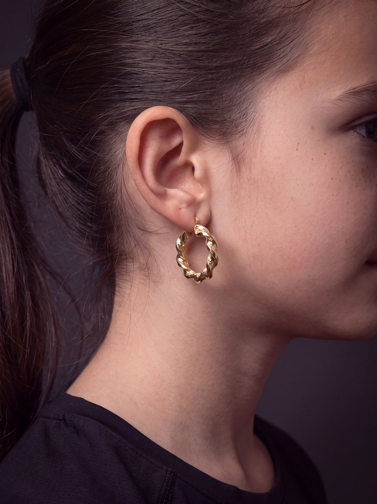 Kids 9ct Gold Filled Twist Hoop Earrings - Multiple Sizes worn on model